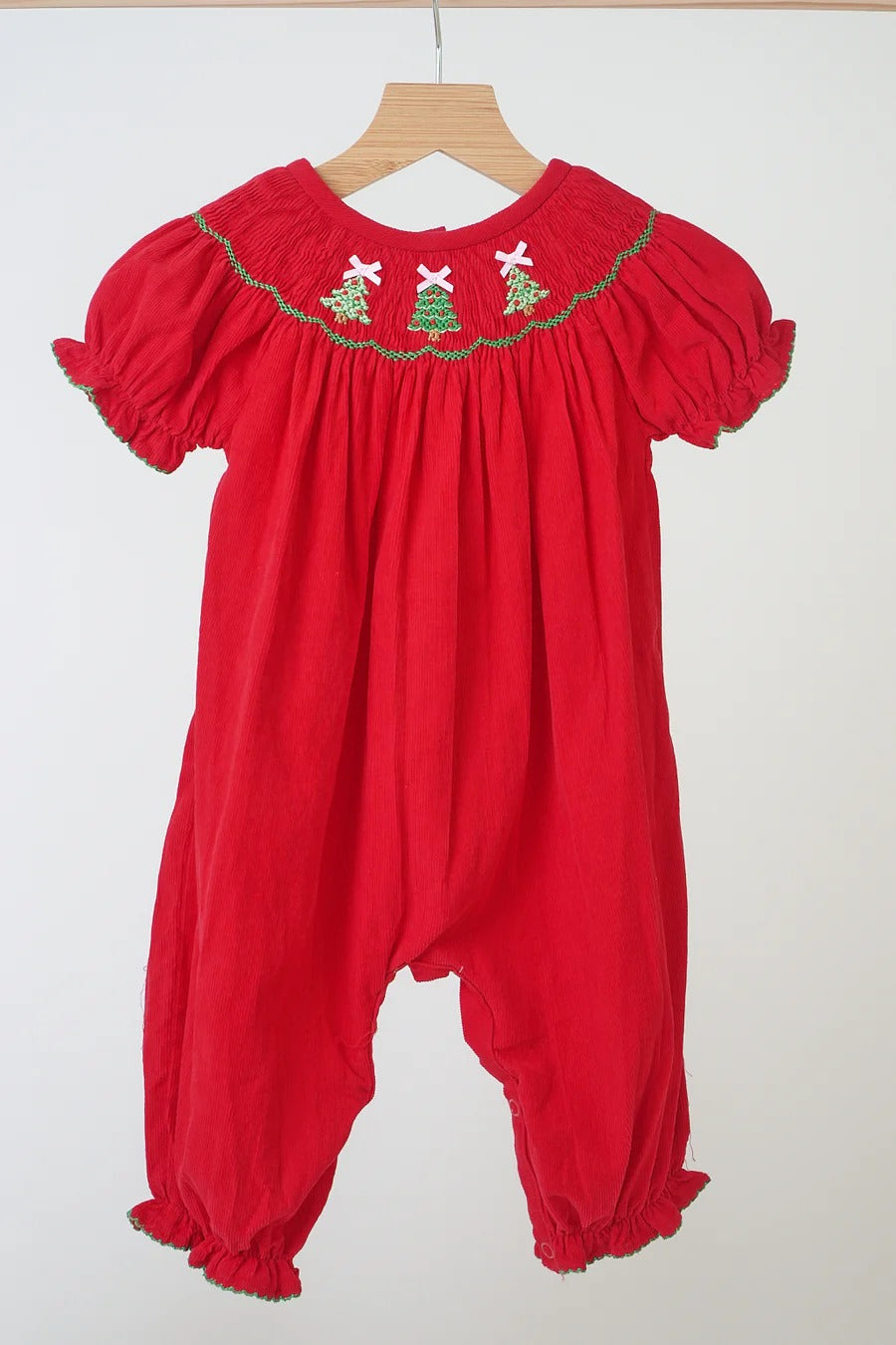 Smock Red Romper with Christmas Tree