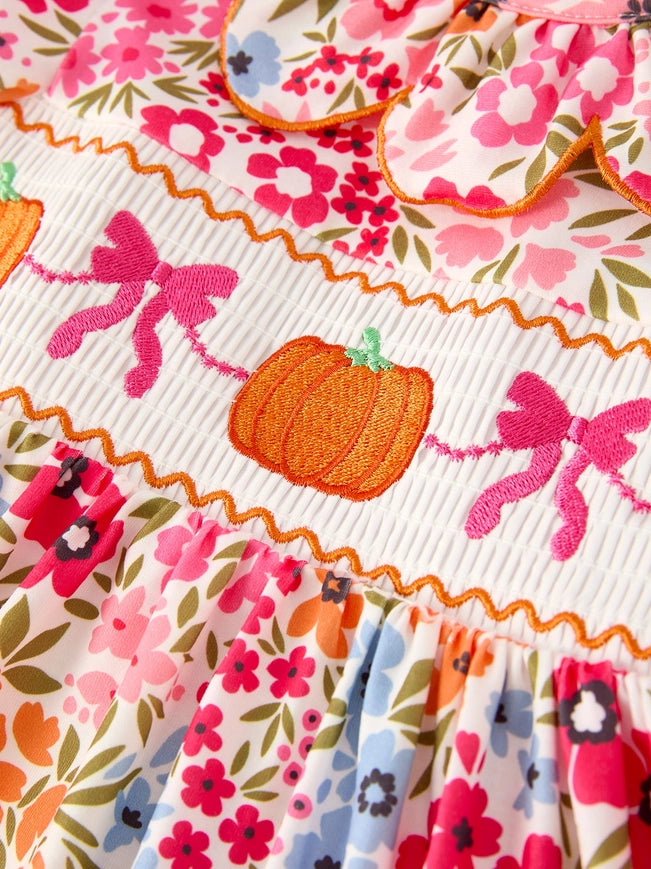 Pumpkin Bow Smock Embroidered Floral Baby Girl Bubble