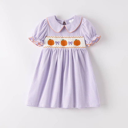 Girls Halloween Pumpkin Embroidery Lavender Stripes Dress