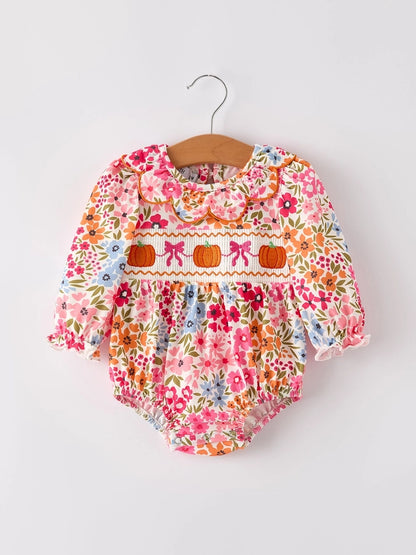 Pumpkin Bow Smock Embroidered Floral Baby Girl Bubble