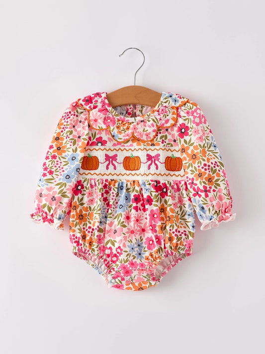 Pumpkin Bow Smock Embroidered Floral Baby Girl Bubble