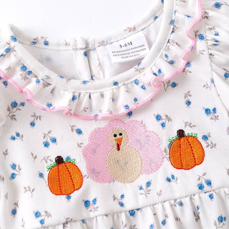 Thanksgiving Sibling Matching Outfits – Turkey Pumpkin Embroidered Collection: ROMPER