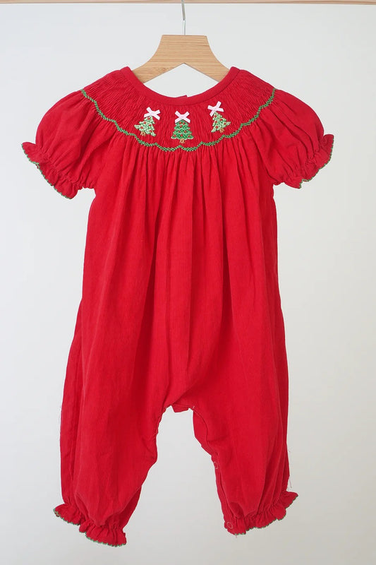 Smock Red Romper with Christmas Tree