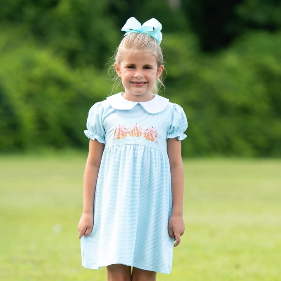 Blue Stripe Pumpkin With Bow Dress