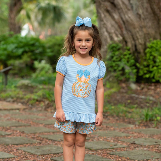 Blue/Orange Girl Pumpkin Short Set