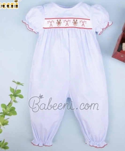 Blue Gingham Girl Reindeer Romper