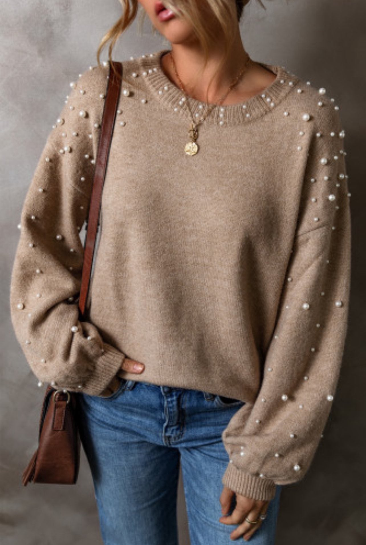Pearled Drop Shoulder Round Neck Sweater