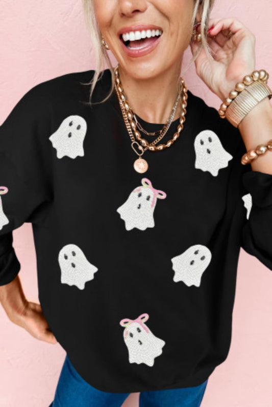 Sequin Ghost Crew Neck Sweatshirt with bow