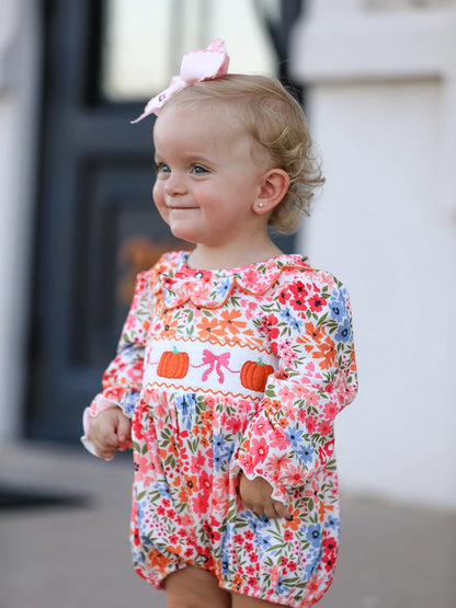Pumpkin Bow Smock Embroidered Floral Baby Girl Bubble