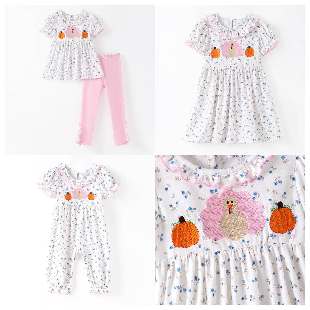 Thanksgiving Sibling Matching Outfits – Turkey Pumpkin Embroidered Collection: ROMPER