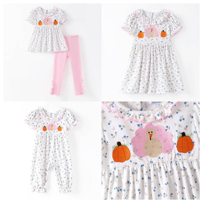 Thanksgiving Sibling Matching Outfits – Turkey Pumpkin Embroidered Collection: ROMPER