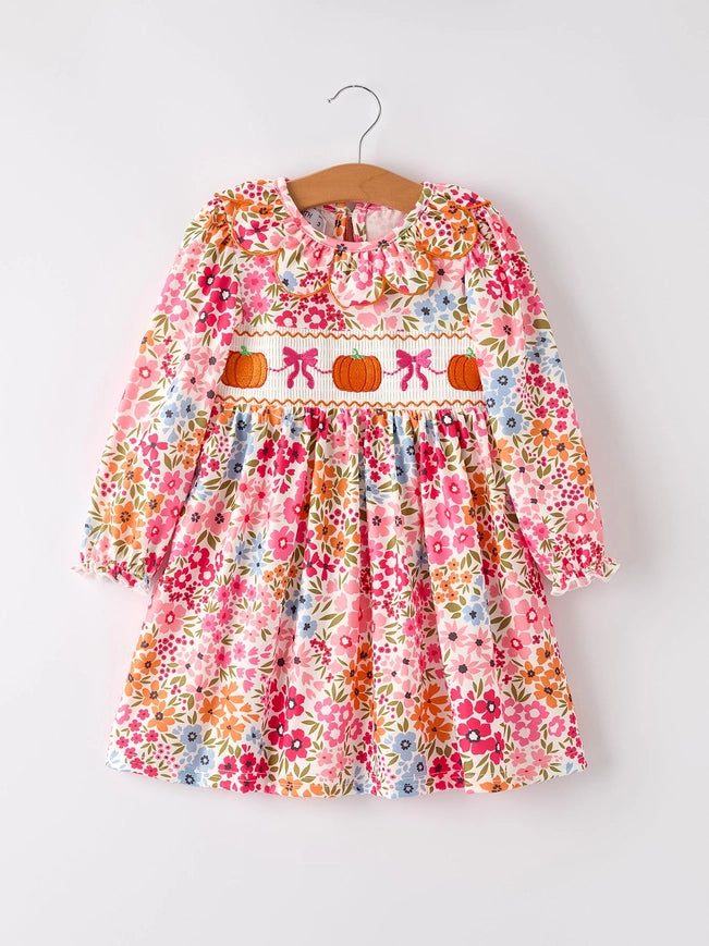 Pumpkin Bow Smock Embroidered Floral Dress