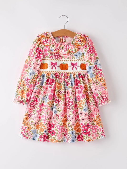 Pumpkin Bow Smock Embroidered Floral Dress