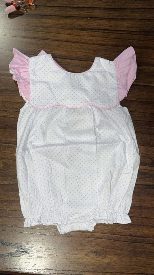 White Bubble with light blue polka dots/pink flutter sleeves