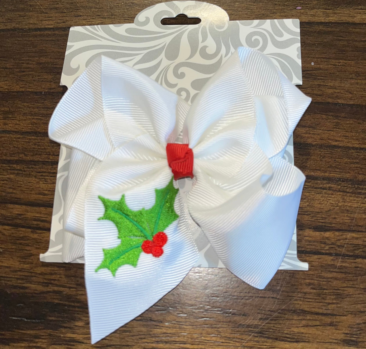Medium White Bow with Embroidery (holly)