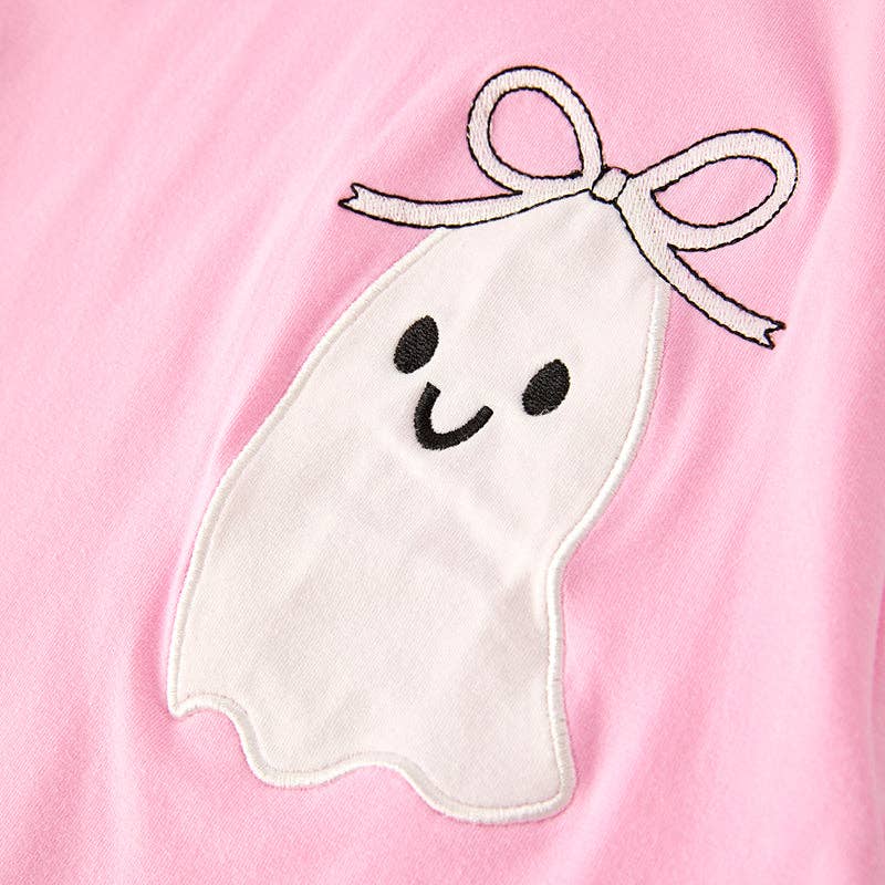 Girls Halloween Pink Ghost Applique Bow Embroidery Dress