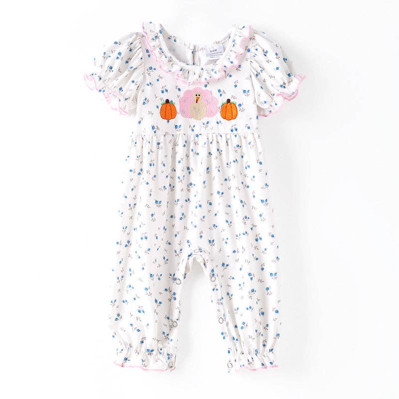 Thanksgiving Sibling Matching Outfits – Turkey Pumpkin Embroidered Collection: ROMPER
