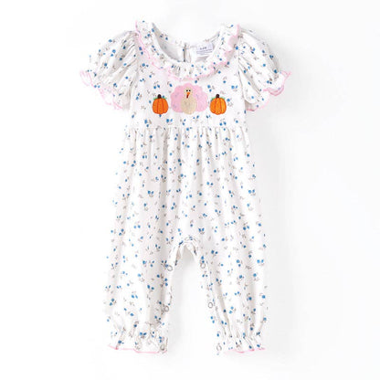 Thanksgiving Sibling Matching Outfits – Turkey Pumpkin Embroidered Collection: ROMPER