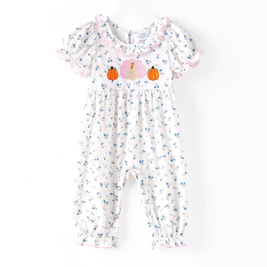 Thanksgiving Sibling Matching Outfits – Turkey Pumpkin Embroidered Collection: ROMPER