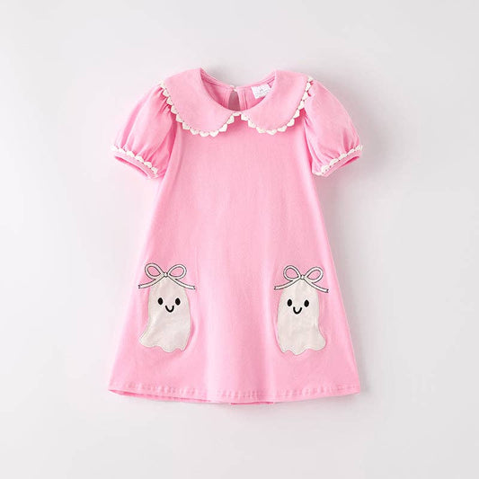 Girls Halloween Pink Ghost Applique Bow Embroidery Dress