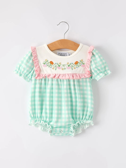 Fall Pumpkin Flowers Embroidered Check Girls Romper