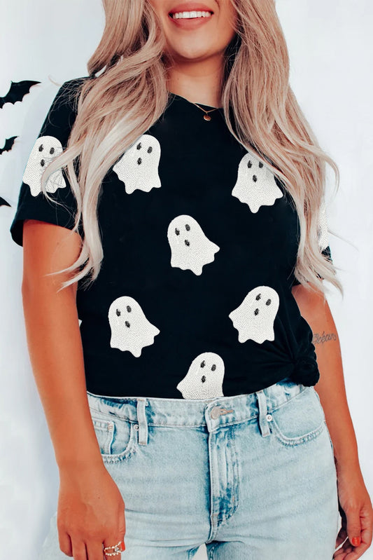Black Sequin Halloween Ghost Shirt